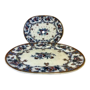 Antique Wedgwood Pearl-Ware Flow Blue Shannon Pattern Large Serving Platter and Meat Draining Plate From England - Circa 1850