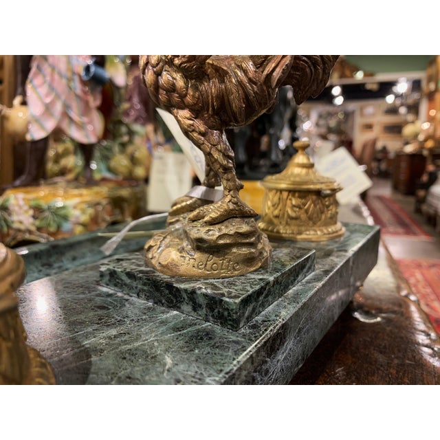French 19th Century French Green Marble and Bronze Rooster Inkwell Signed Melotte For Sale - Image 3 of 13