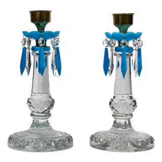 19th Century French Crystal and Blue Opaline Lusters / Candlesticks - A Pair For Sale