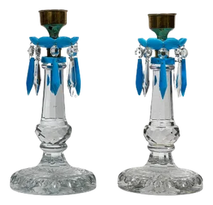 19th Century French Crystal and Blue Opaline Lusters / Candlesticks - A Pair