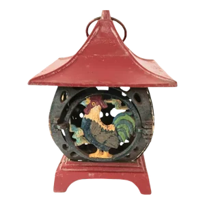 Vintage Cast Iron Rooster Pagoda Garden Lantern Red and Black