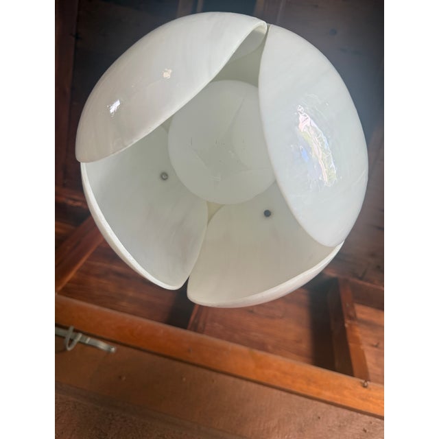Brass Vintage Mid Century Modern Tulip Milk Glass & Brass Hanging Pendant Lights, Pair For Sale - Image 8 of 10