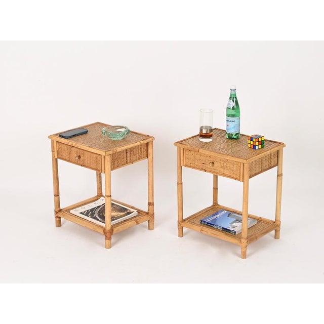 French Riviera Nightstands in Bamboo, Rattan and Brass, Italy, 1970s, Set of 2 For Sale - Image 3 of 16