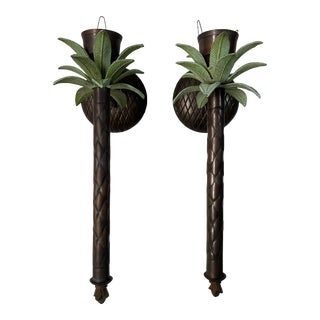 Vintage Regency Style Metal Palm Tree Wall Sconces- a Pair For Sale