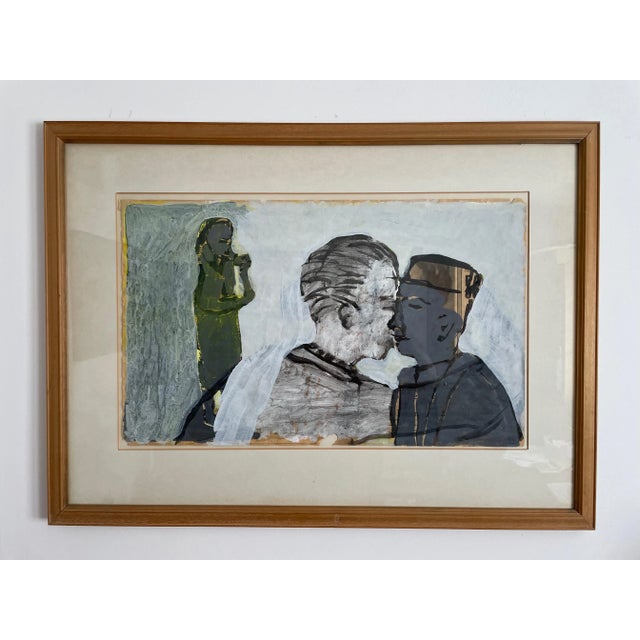 1980s 1984 "Strange Encounter" Contemporary Abstract Figurative Mixed-Media Painting on Paper by Angus Hood, Framed For Sale - Image 5 of 5