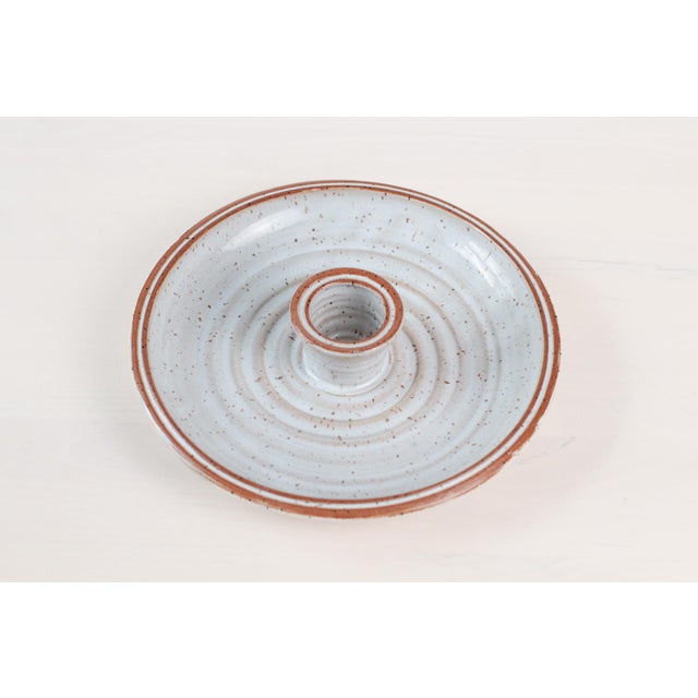 Vintage hand-thrown studio pottery stoneware serving platter featuring an integrated center well – perfect for collecting...