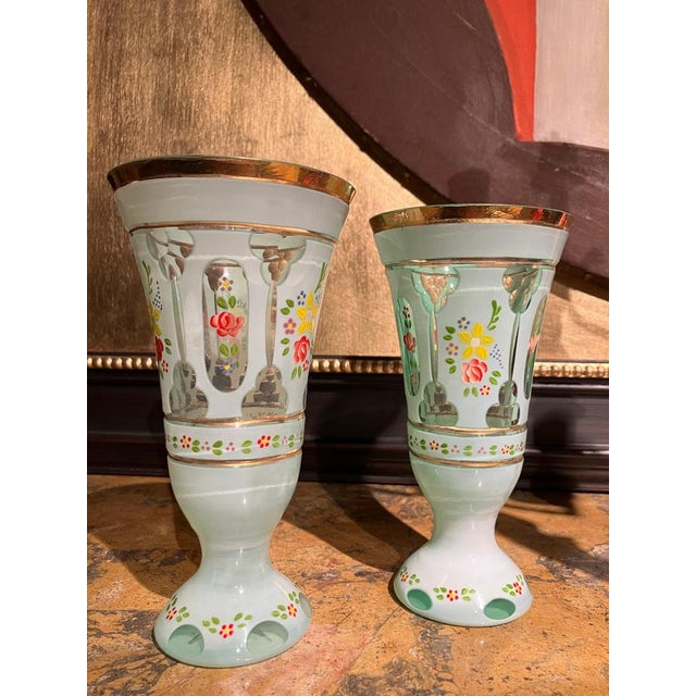 Metal Antique Bohemian Blue Opaline Glass Goblets with Gilt Rims and Florals, Set of 2 For Sale - Image 7 of 8