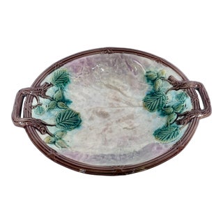 Antique French Majolica Hand Painted Double Handle Plate For Sale