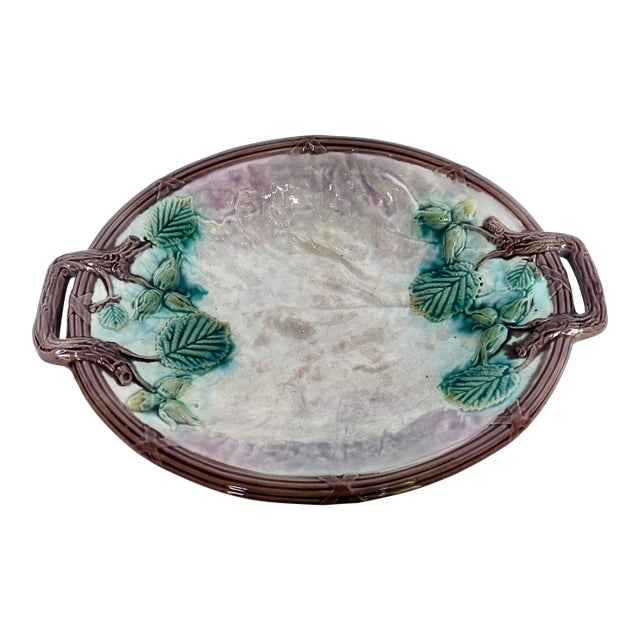 Antique French Majolica Hand Painted Double Handle Plate For Sale