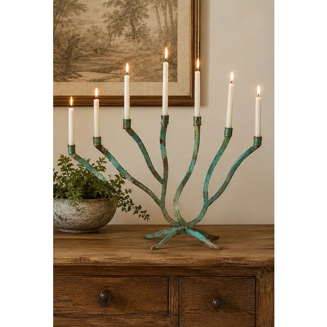 Vintage 7 Arm Brutalist Candelabra Hand-Forged Iron and Copper With Verdigris For Sale - Image 9 of 14