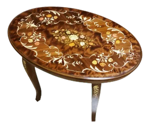 1980s Mid-Century Modern Handmade Wood Marquetry Inlaid Floral Side Oval Coffee Table