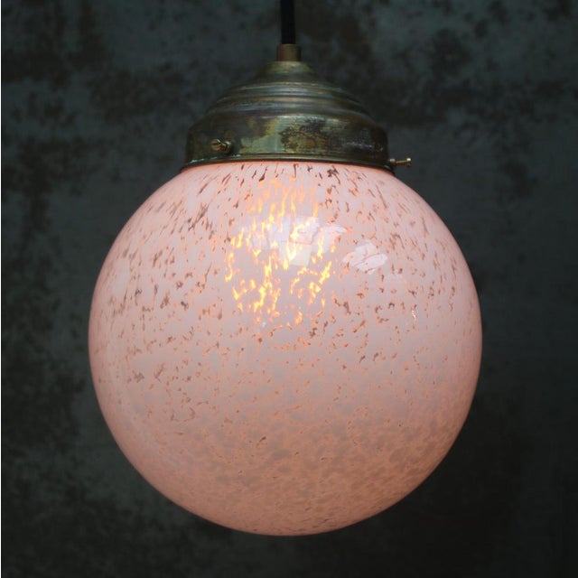 Art Deco French White Glass Globe and Brass Pendant Lamp For Sale - Image 4 of 7