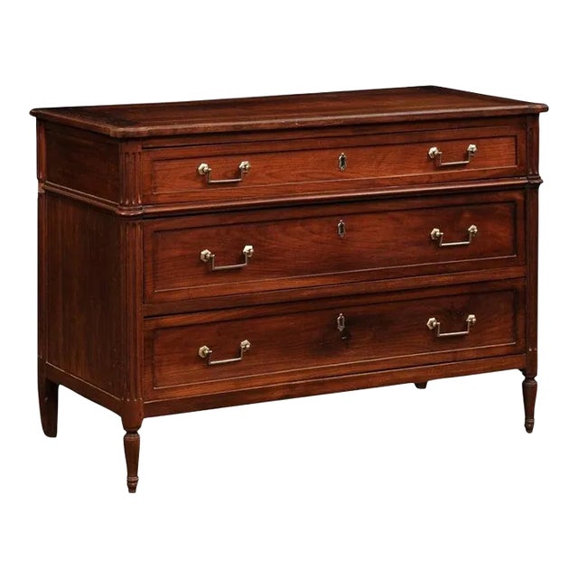 19th Century French Louis XVI Style Cherry Three-Drawer Commode with Fluting For Sale