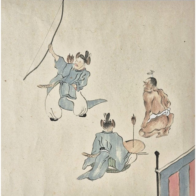 Japanese Set of 3 Antique Japanese Paintings Depicting the Art of Archery, Renga Poetry and Noble Lords – Newly Framed For Sale - Image 3 of 7