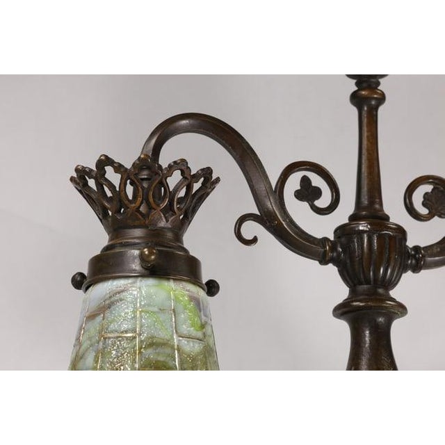 1910s Signed Oscar Bach Bronze 2-Light Table Lamp With Quality Art Glass Shades, Good Patina For Sale - Image 9 of 15