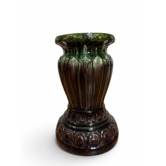 Art Nouveau Antique Brush-McCoy Blended Glaze "Amaryllis" Majolica Pedestal For Sale - Image 3 of 6