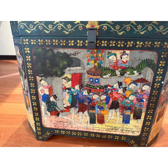 Mid 20th Century Antique Hand-Painted Asian Wedding Chests (Pair) – Lacquered Wood, Figural Scenes For Sale - Image 5 of 6