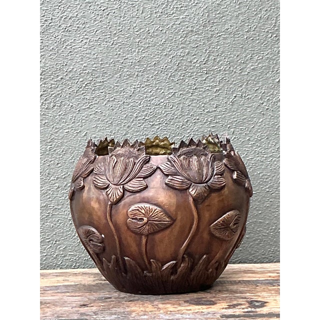 Art Nouveau Vintage Patinated Brass Lily Pad Bowl For Sale - Image 3 of 12