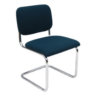 Bauhaus Marcel Breuer Cesca Upholstered Side Chair in Blue Fabric by Gordon For Sale