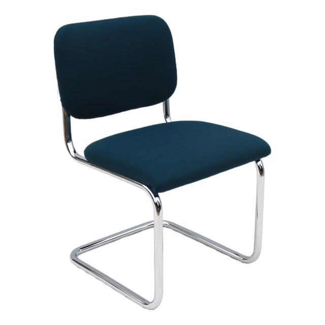 Bauhaus Marcel Breuer Cesca Upholstered Side Chair in Blue Fabric by Gordon For Sale