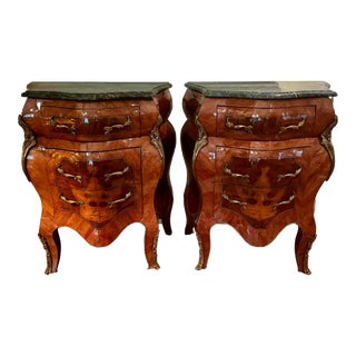 Vintage French Louis XV Style Marble Top Bombe Chest / Nightstands - Pair For Sale