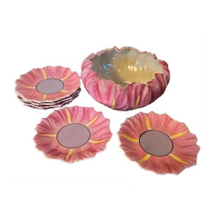 Takito Japan Lusterware Porcelain Flower Form Fruit Bowl and Serving Plates 1930 - Set of 7