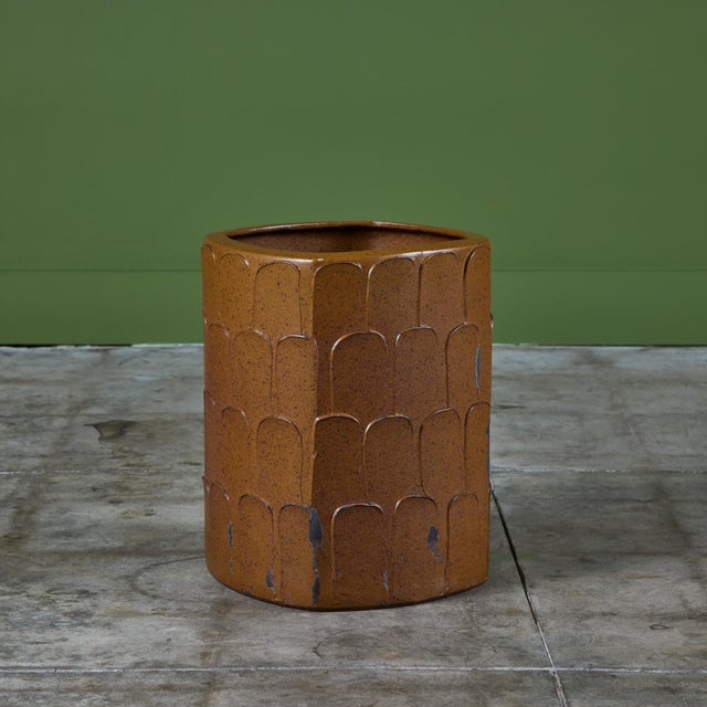 Glazed planter by ceramics artist Marilyn Kay Austin for Architectural Pottery with glazing and leaf pattern by David...