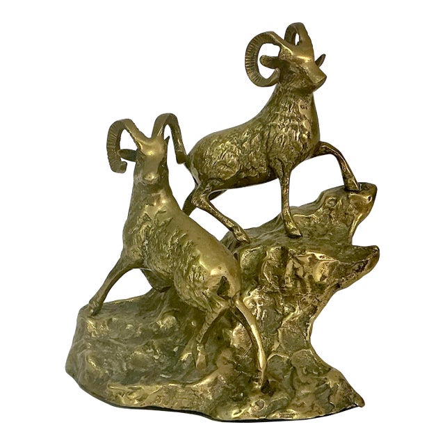 1970s Mid-Century Rustic Arts & Crafts Big Horn Sheep Brass Sculpture For Sale
