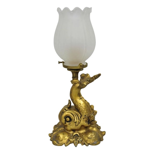 Antique French Art Nouveau Small Gold Gilt Metal Figural Dolphin Table Lamp For Sale