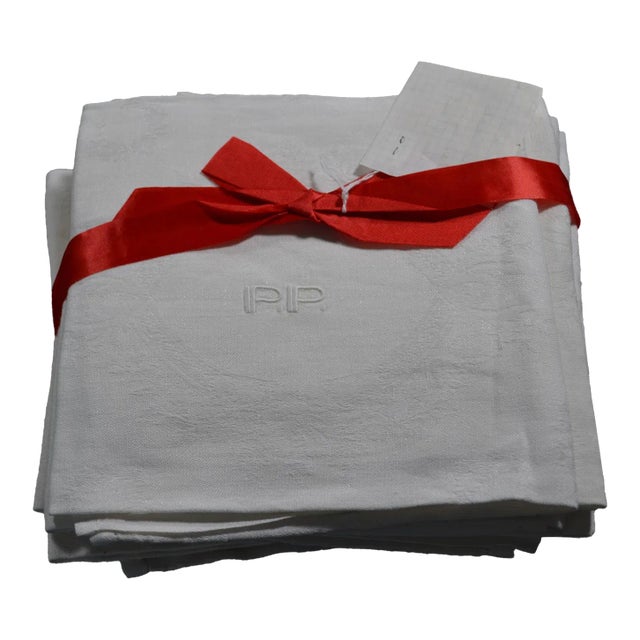 Set of 9 French Dinner Napkins With "Pp" Monogram in White Damask Cotton, 1930s For Sale