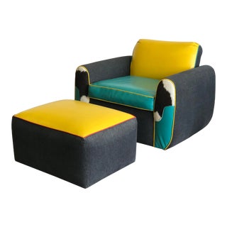 1980s Vintage Harry Siegel Custom Memphis Style Lounge Chair and Ottoman For Sale