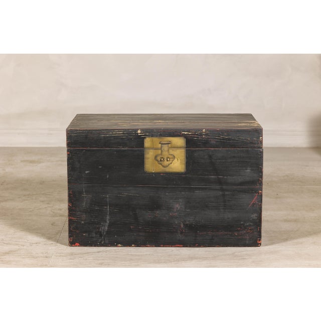 Wood Early 20th Century Qing Dynasty Elmwood Blanket Chest with Black Lacquer Finish and Brass Accents For Sale - Image 7 of 12
