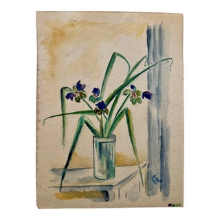 Emil Salloch Original Watercolor on Paper Indoor Still Life Featuring Irises in a Glass Vase, 1945. For Sale