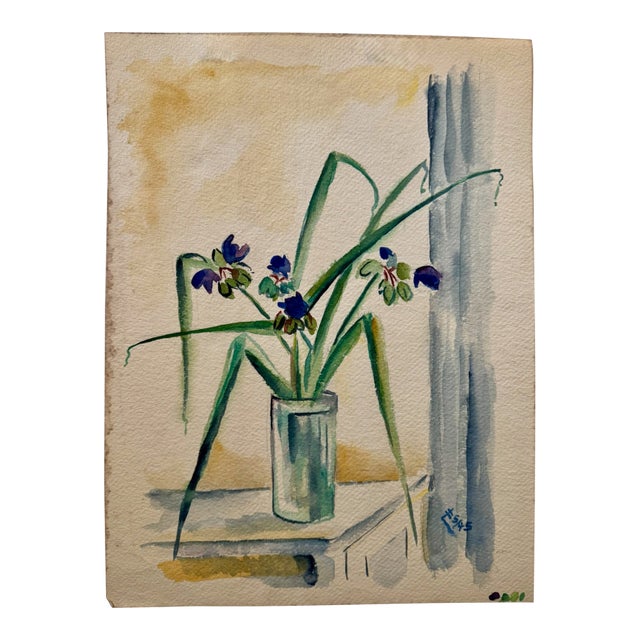 Emil Salloch Original Watercolor on Paper Indoor Still Life Featuring Irises in a Glass Vase, 1945. For Sale