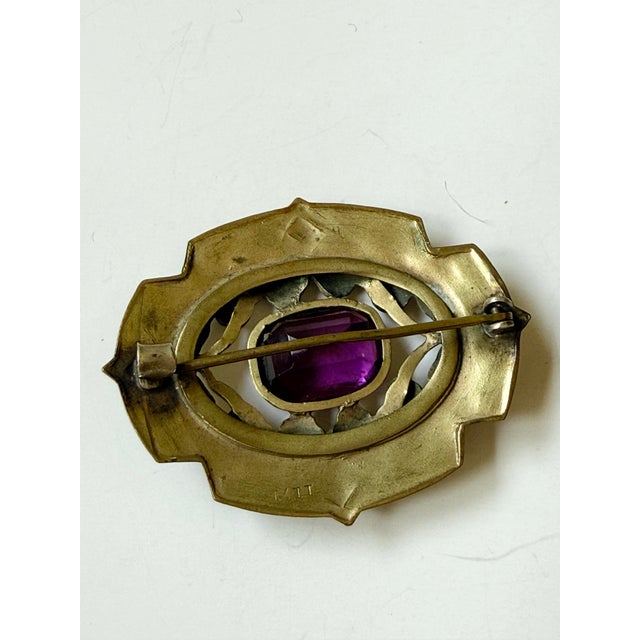 Antique Art Nouveau Brass Sash Pin With Purple Center Stone For Sale - Image 4 of 6
