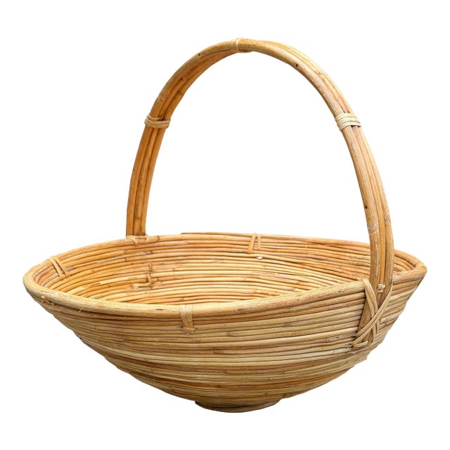 Mid 20th Century Monumental Organic Modern Rattan Market Basket, Gabriella Crespi Style For Sale