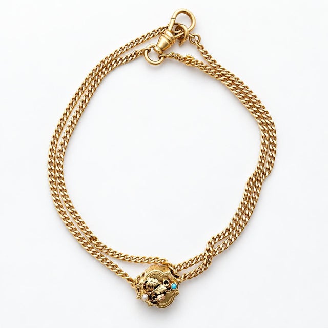 Victorian Antique Victorian 14k Yellow Gold Watch Fob Chain With Pearl & Turquoise For Sale - Image 3 of 8