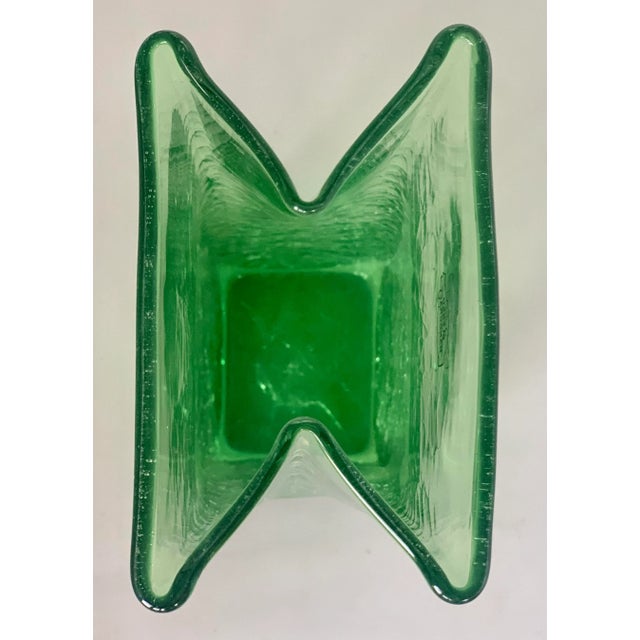 Glass 2009 Blenko Antique Green Paper Bag Blown Art Crackle Glass Vase Mid-Century Modern Style For Sale - Image 7 of 12