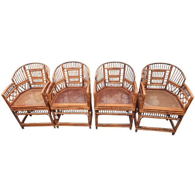 Lovely vintage dining set in burnt bamboo Pavillion Brighton style. The set includes four chairs and square base with a...