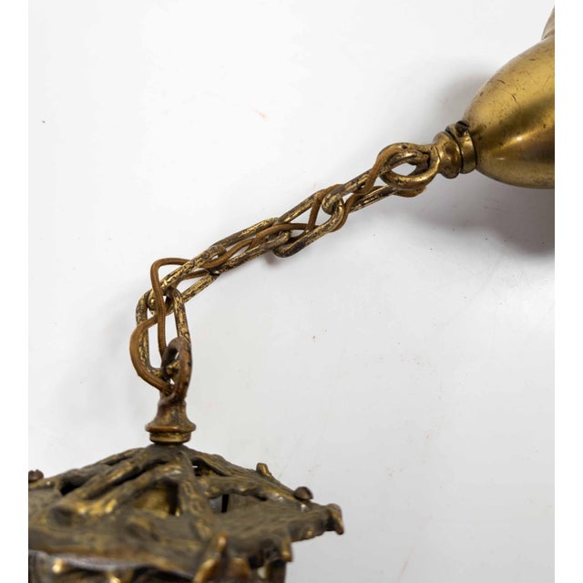 20th Century Arts & Crafts Brass and Slag Glass Gothic Tudor Revival Pendant Light For Sale - Image 12 of 15