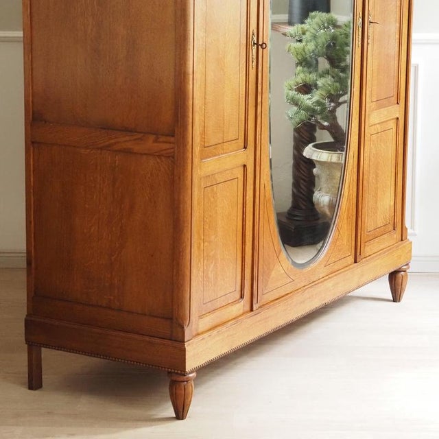 Large Art Nouveau 3-Door Wardrobe in Oak with Oval Mirror For Sale - Image 18 of 18