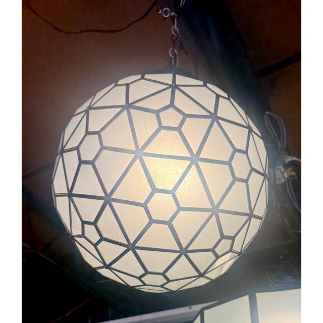 Art Deco Style Milk Glass and Brass Round Chandelier, Pendant or Lantern For Sale - Image 14 of 16
