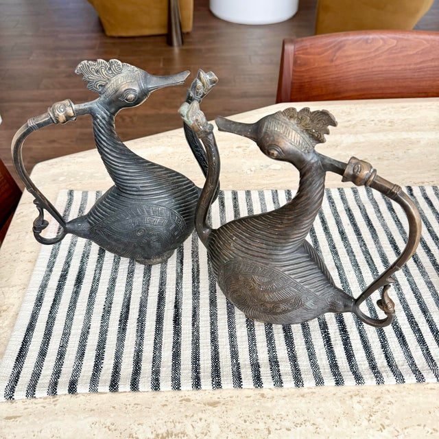 Two Antique Aquamanile Mughal Bronze Ritual HAMSA GOOSE / Swans w Golden Eyes Pair of 19th C Antique Mughal Bronze Ewer...