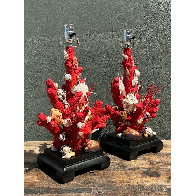 Red Vintage Shell Encrusted Faux Coral Lamps - A Pair For Sale - Image 8 of 12