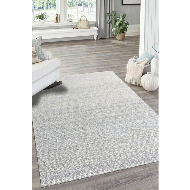 Textile 10x14 Ivory Hand-Knotted Wool Textured Banded Subtle Geometric Modern Carpet Rug For Sale - Image 7 of 11