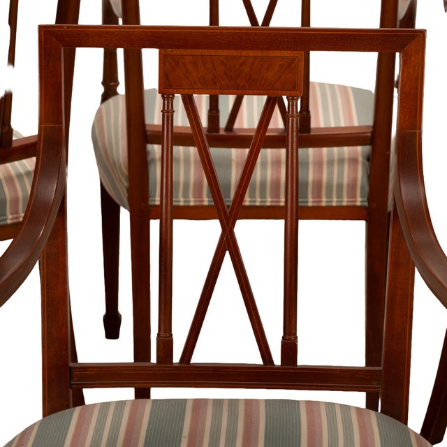 Wood 1950s Flame Mahogany Regency Style Dining Chairs – Sculpted Arms & Inlaid X-Backs - Set of 8 For Sale - Image 7 of 18