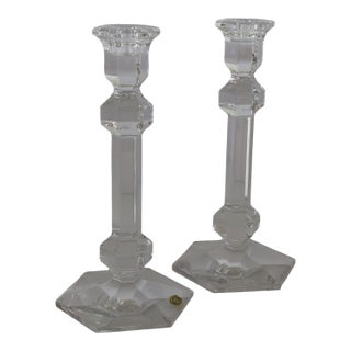 Pair of Val Saint Lambert Belgian Crystal Candlesticks Signed & Labeled For Sale