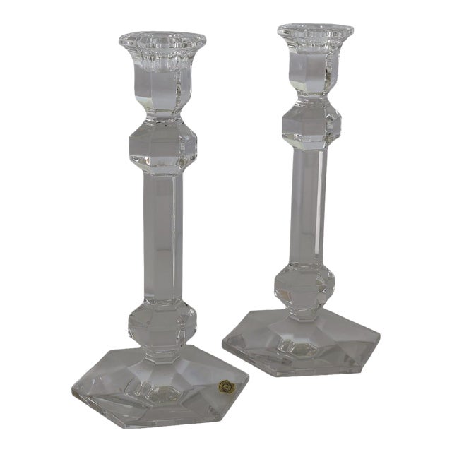 Pair of Val Saint Lambert Belgian Crystal Candlesticks Signed & Labeled For Sale