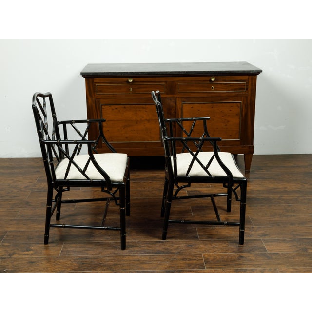 Mid 20th Century Pair of Midcentury Chinese Chippendale Style Black Faux Bamboo Armchairs For Sale - Image 5 of 9