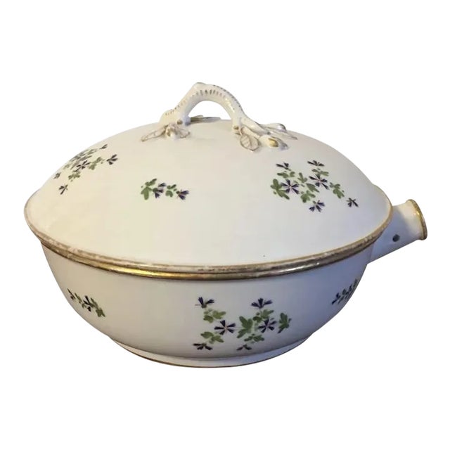 Antique 18th Century French Empire Porcelain Round Serving Bowl & Cover in Sprig For Sale